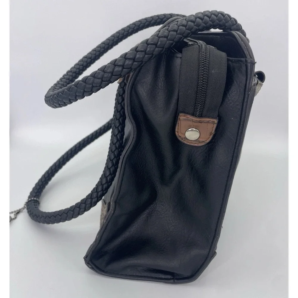 Bueno Black Croc Embossed Faux Leather Shoulder Bag Braid Handle Mixed Media